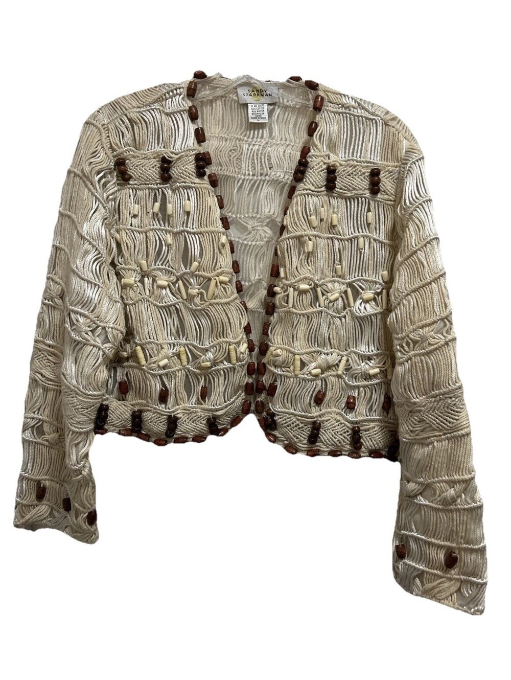 Vintage Sandy Starkman L Beige Long Sleeve Beaded Crochet Jacket Hippi Boho Art